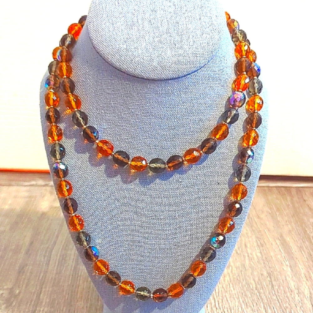 Vintage Joan Rivers Faceted Amber and Smoky Quartz Colored Crysta beaded Necklac